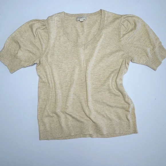 LOFT Outlet Puff Sleeve V-Neck Sweater Oatmeal Heather Knit Top L - Picture 6 of 6